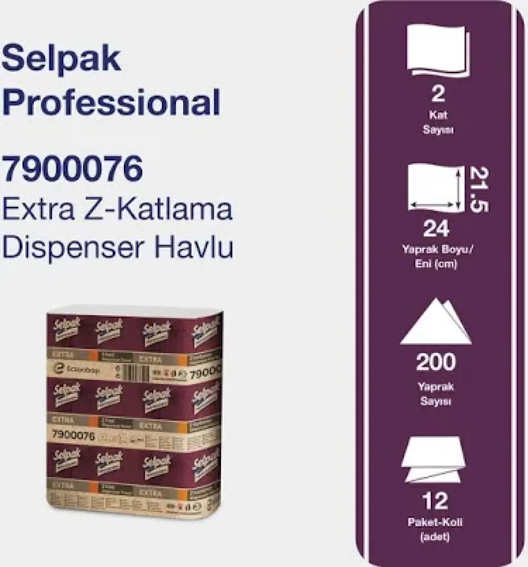Selpak Professional Extra Z Katlı Dispenser Kağıt Havlu - 200 Yaprak, 12 Paket, 2 Katlı, Endüstriyel ve Ev Kullanımına Uygun