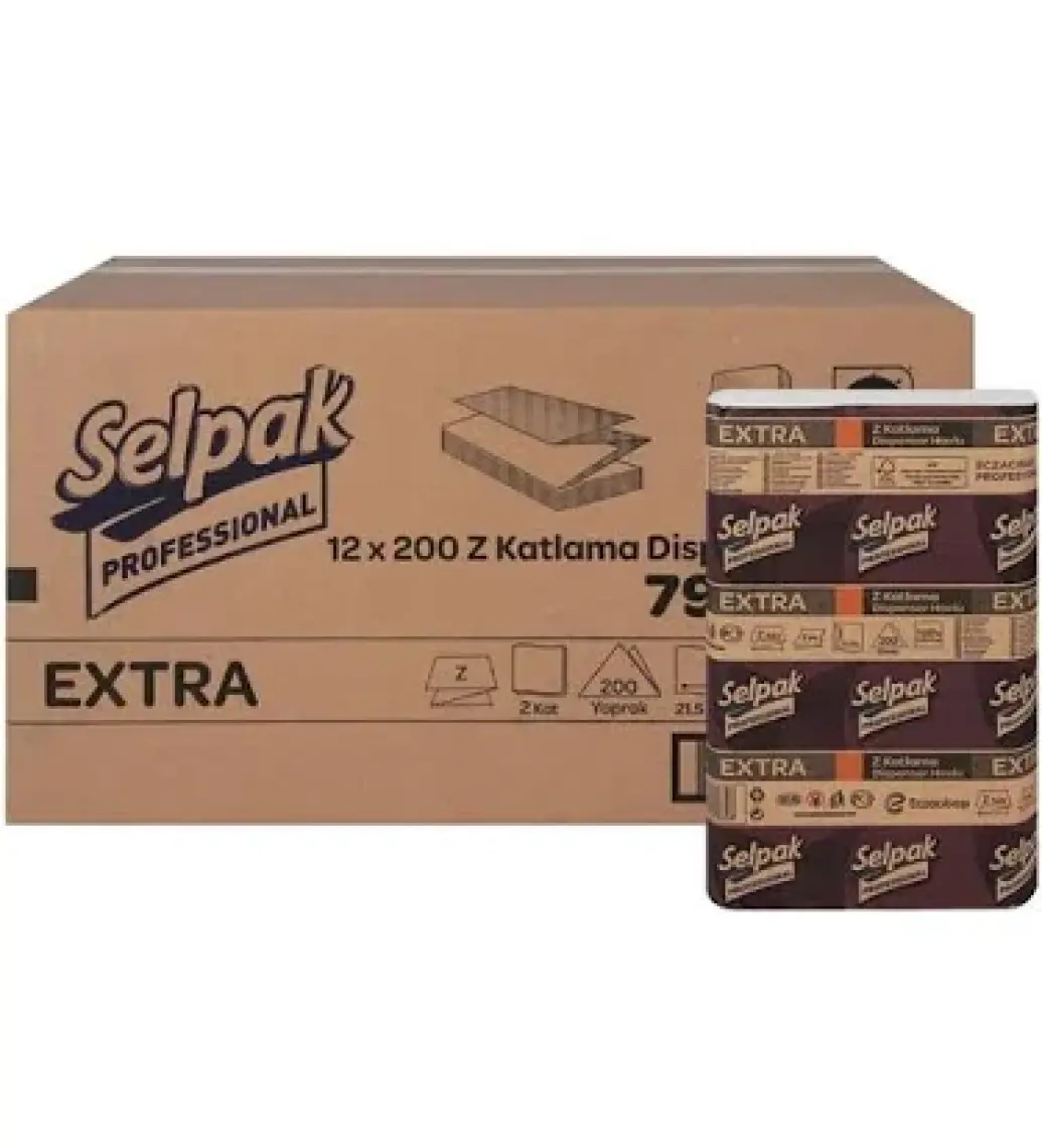 Selpak Professional Extra Z Katlı Dispenser Kağıt Havlu - 200 Yaprak, 12 Paket, 2 Katlı, Endüstriyel ve Ev Kullanımına Uygun