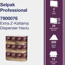 Selpak Professional Extra Z Katlı Dispenser Kağıt Havlu - 200 Yaprak, 12 Paket, 2 Katlı, Endüstriyel ve Ev Kullanımına Uygun