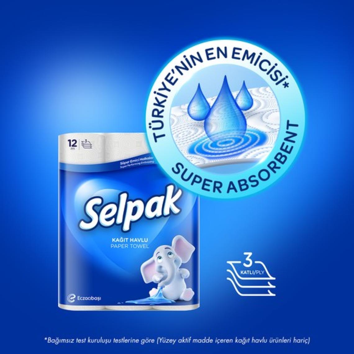 Selpak 12'li 3 Katlı Yüksek Emicilikte Kağıt Havlu - Fil Desenli Standart Boy