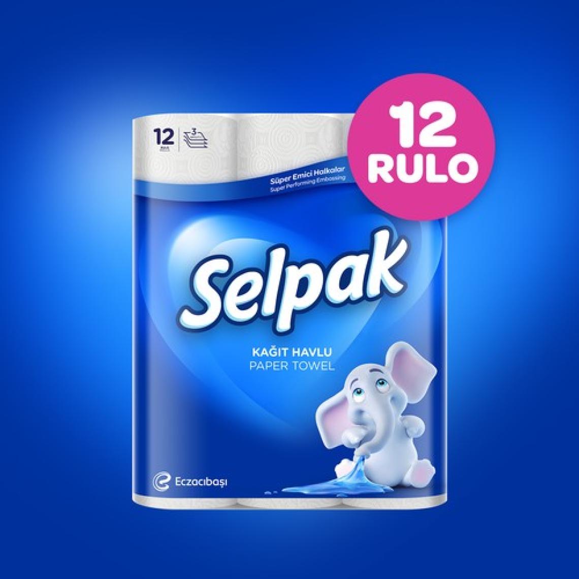 Selpak 12'li 3 Katlı Yüksek Emicilikte Kağıt Havlu - Fil Desenli Standart Boy