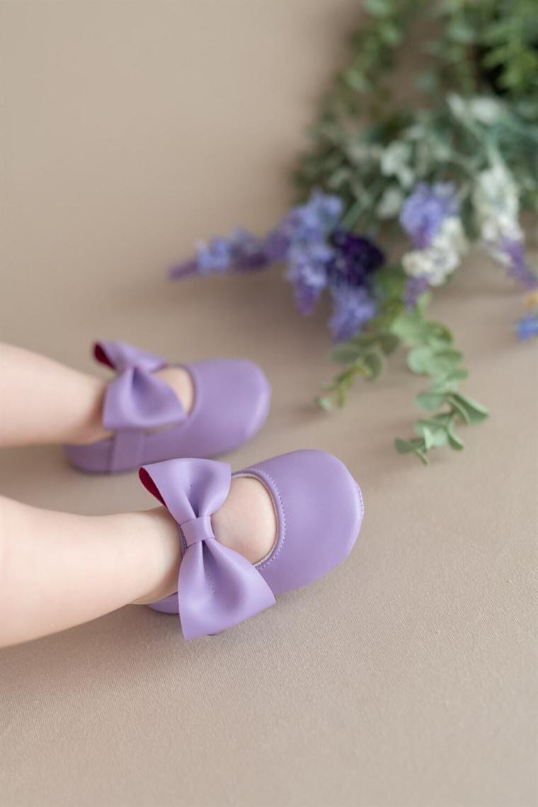 First Step Lila Kız Bebek Suni Deri Fiyonklu Babet Patik