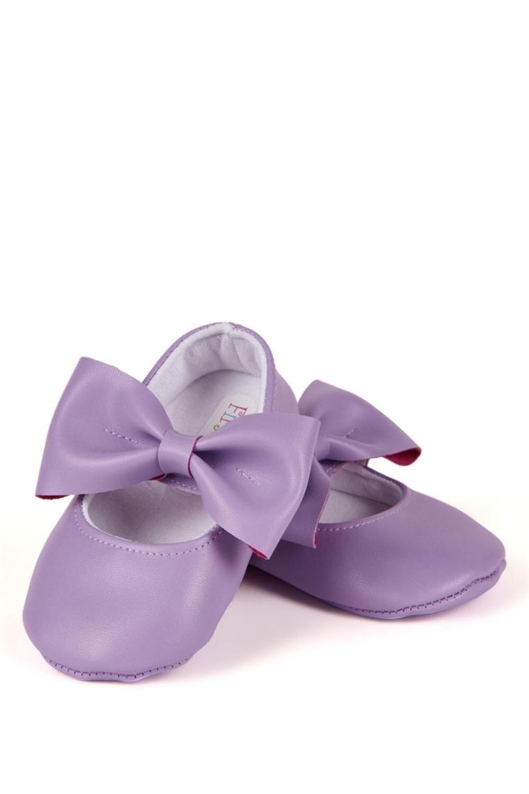 First Step Lila Kız Bebek Suni Deri Fiyonklu Babet Patik