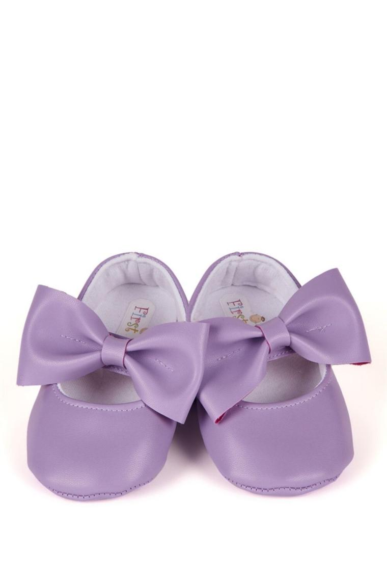 First Step Lila Kız Bebek Suni Deri Fiyonklu Babet Patik