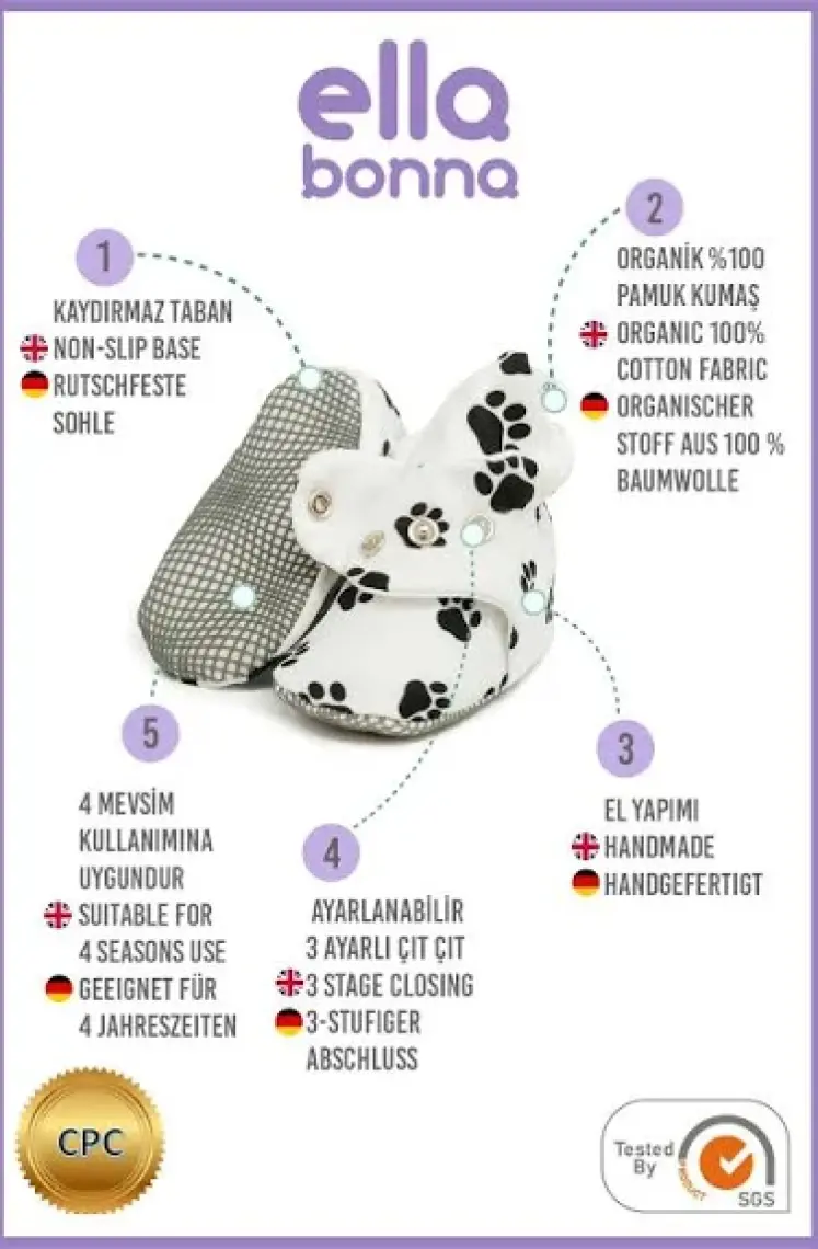 Ella Bonna Organik Pamuk Bebek Pandufu, Kaydırmaz Taban, Yenidoğan Patiği, Ev Kreş Ayakkabısı, Köpek Patisi
