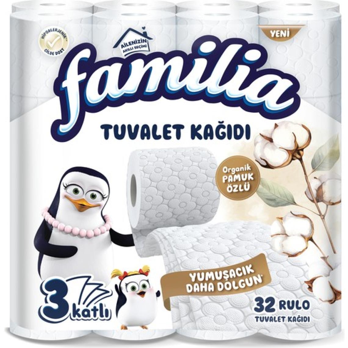 Familia Plus 32 Rulo 3 Katlı Beyaz Tuvalet Kağıdı - %100 Saf Selüloz, Hipoalerjenik ve Pamuk Özlü Özellikleriyle