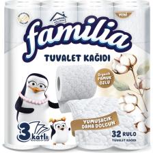 Familia Plus 32 Rulo 3 Katlı Beyaz Tuvalet Kağıdı - %100 Saf Selüloz, Hipoalerjenik ve Pamuk Özlü Özellikleriyle