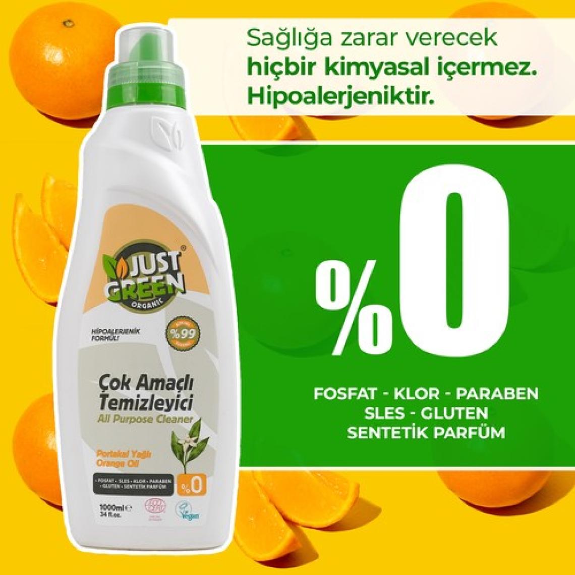 Just Green Organic Bitkisel Çok Amaçlı Yüzey Temizleyici - Portakal Yağlı - %100 Doğal Ve Etkili Temizlik (1000 ML)