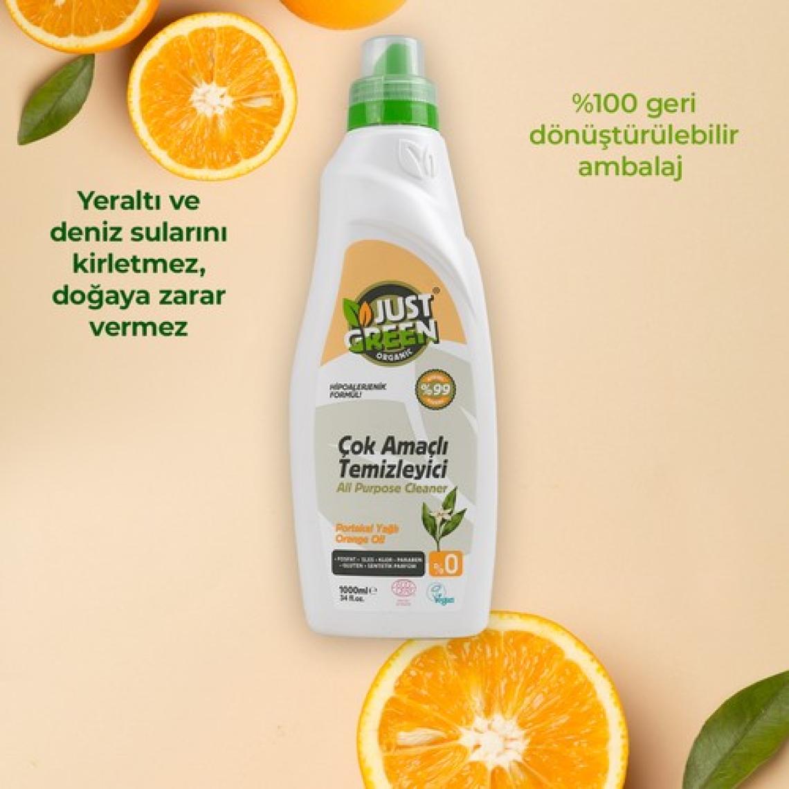 Just Green Organic Bitkisel Çok Amaçlı Yüzey Temizleyici - Portakal Yağlı - %100 Doğal Ve Etkili Temizlik (1000 ML)