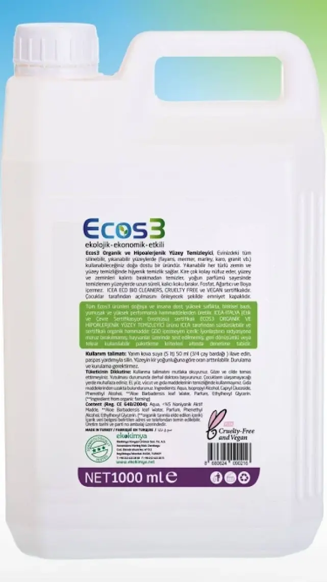Ecos3 Hipoalerjenik Yüzey Temizleyici, Organik & Vegan Sertifikalı, Ekolojik, Evcil Hayvan Dostu, 5000ml