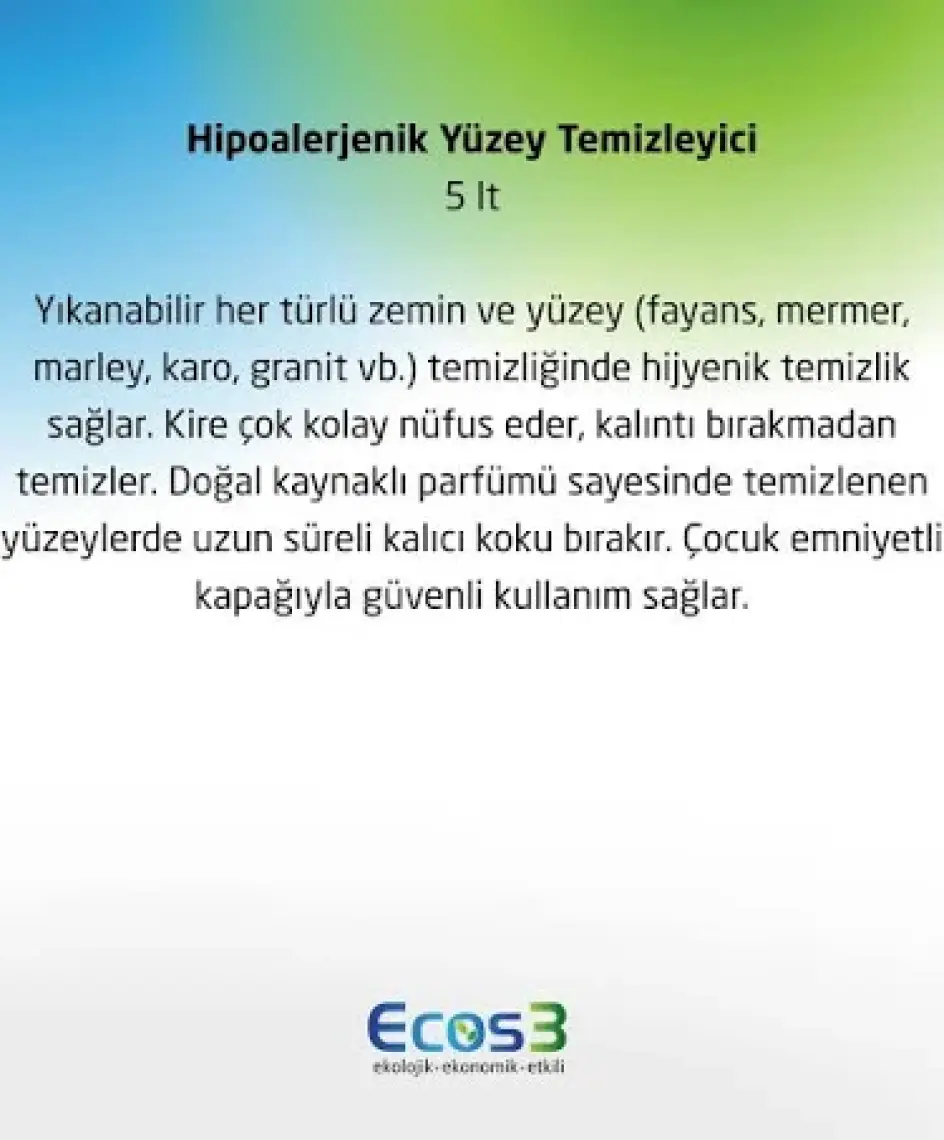 Ecos3 Hipoalerjenik Yüzey Temizleyici, Organik & Vegan Sertifikalı, Ekolojik, Evcil Hayvan Dostu, 5000ml