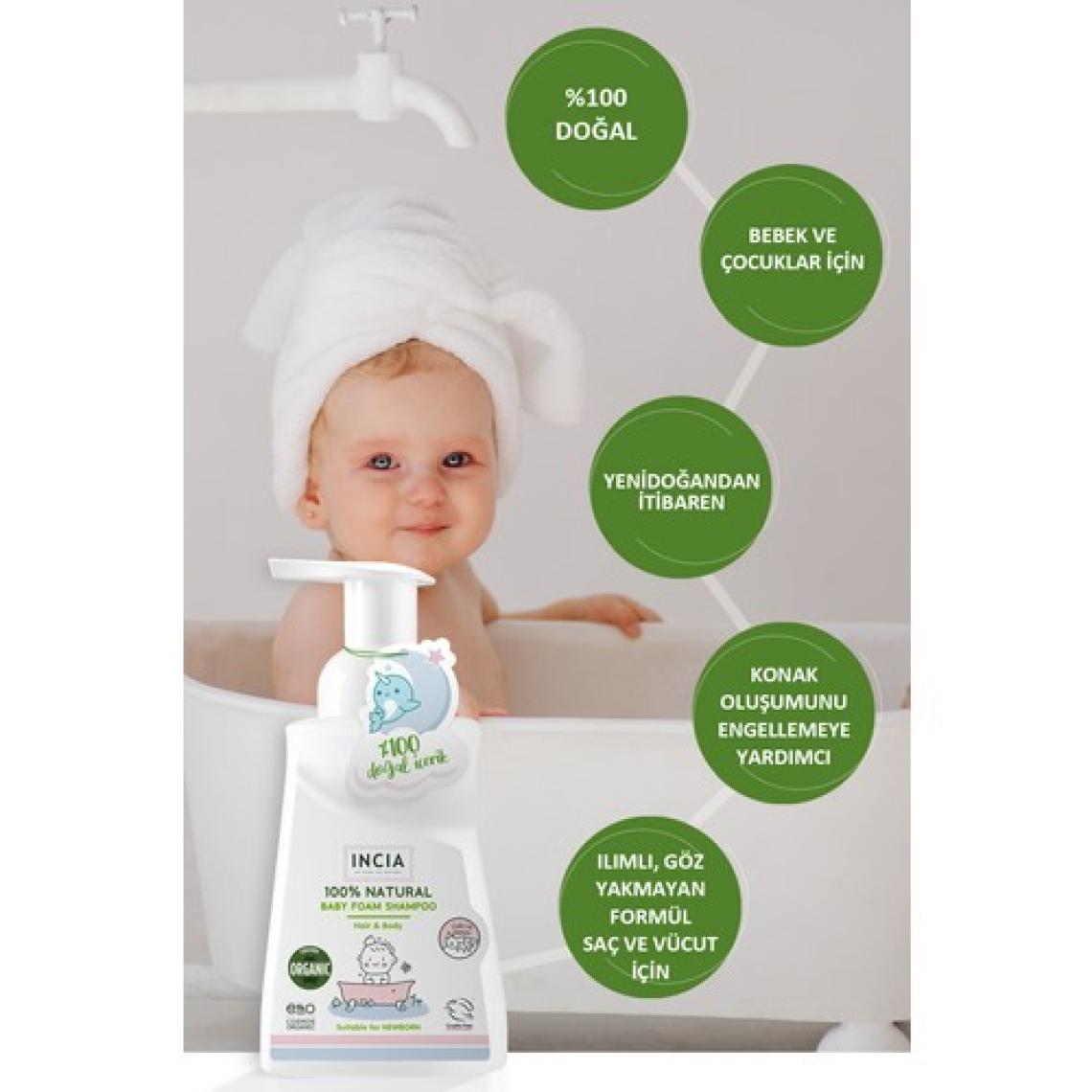 INCIA %100 Doğal Organik Sertifikalı Bebek Köpük Şampuanı Saç Vücut Lavanta Konak Önleyici Yenidoğan 200 ml