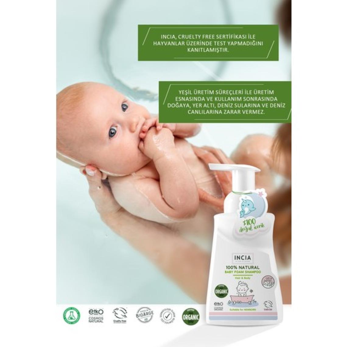 INCIA %100 Doğal Organik Sertifikalı Bebek Köpük Şampuanı Saç Vücut Lavanta Konak Önleyici Yenidoğan 200 ml