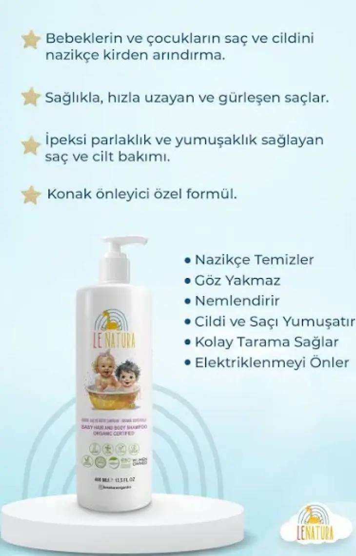 Le Natura Organik & Vegan Sertifikalı, Glutensiz Bebek  Saç ve Vücut Şampuanı - 400 ml