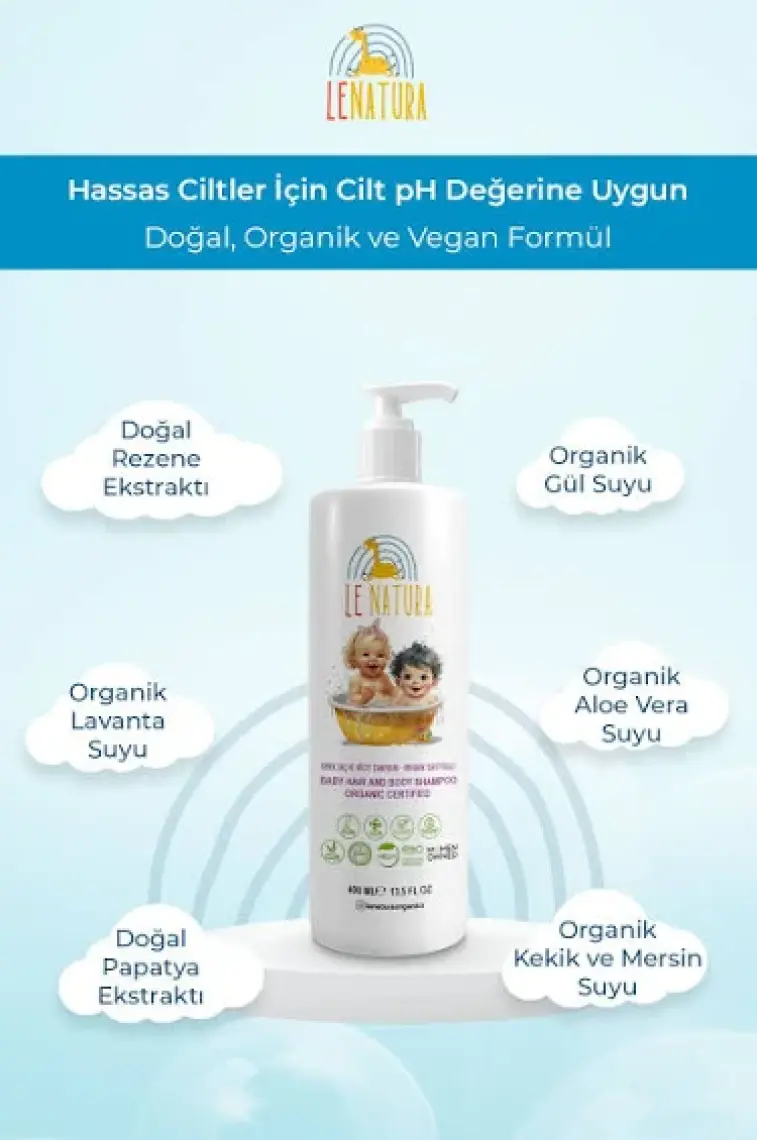 Le Natura Organik & Vegan Sertifikalı, Glutensiz Bebek  Saç ve Vücut Şampuanı - 400 ml