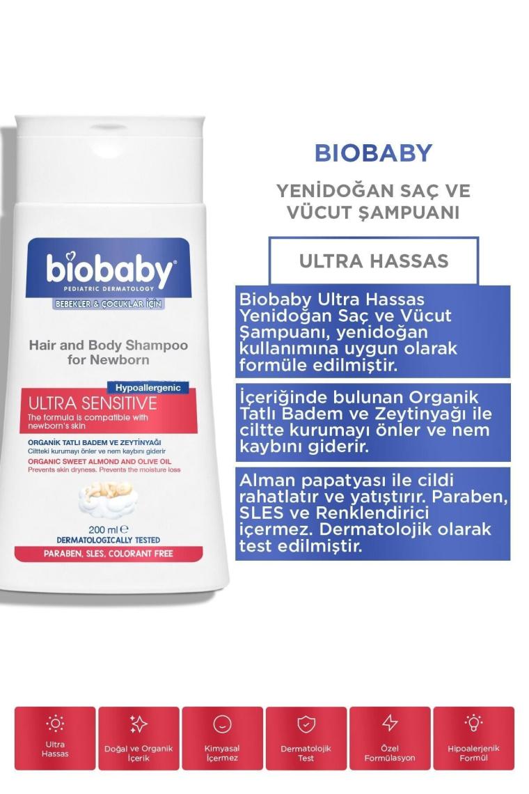 BioBaby Yenidoğanlar için 200 ml Saç ve Vücut Şampuanı - Alman Papatyası, Zeytinyağı ve Tatlı Badem Yağı ile Nemlendirici ve Koruyucu
