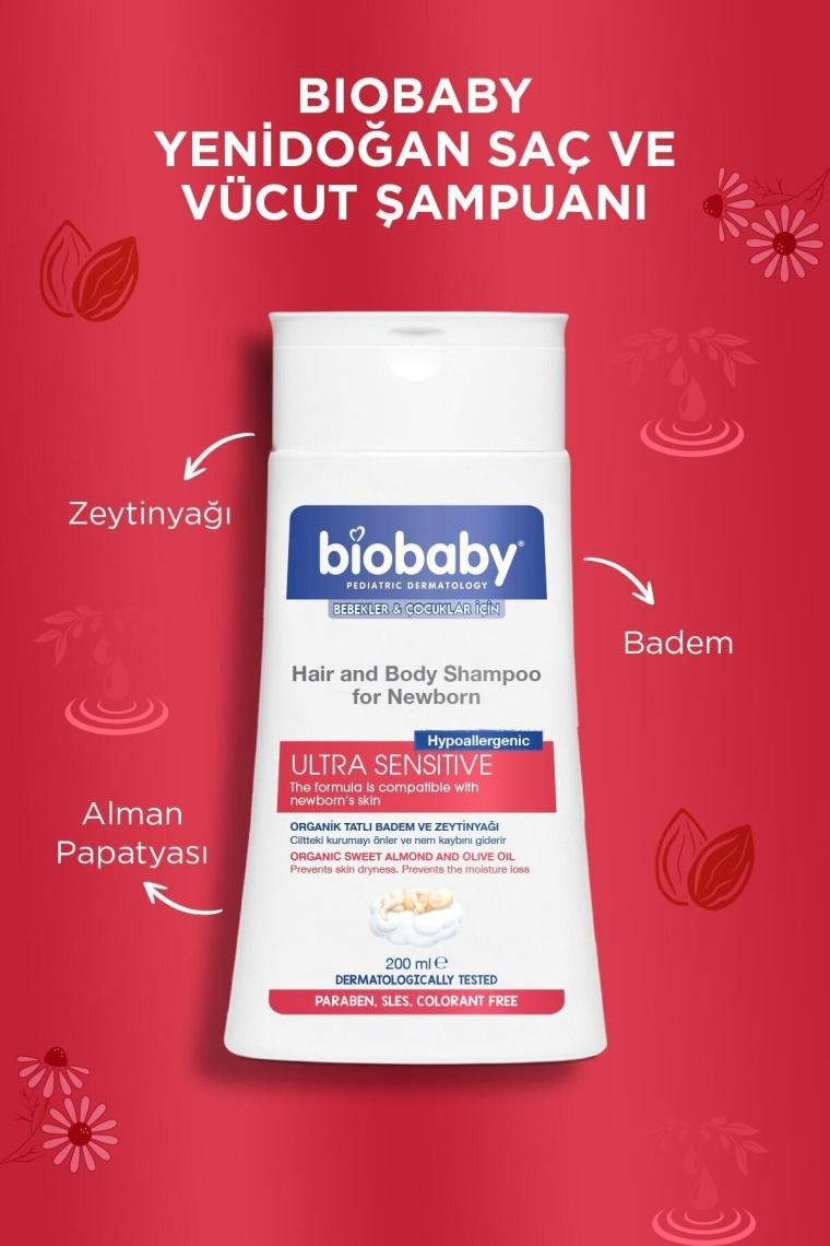 BioBaby Yenidoğanlar için 200 ml Saç ve Vücut Şampuanı - Alman Papatyası, Zeytinyağı ve Tatlı Badem Yağı ile Nemlendirici ve Koruyucu