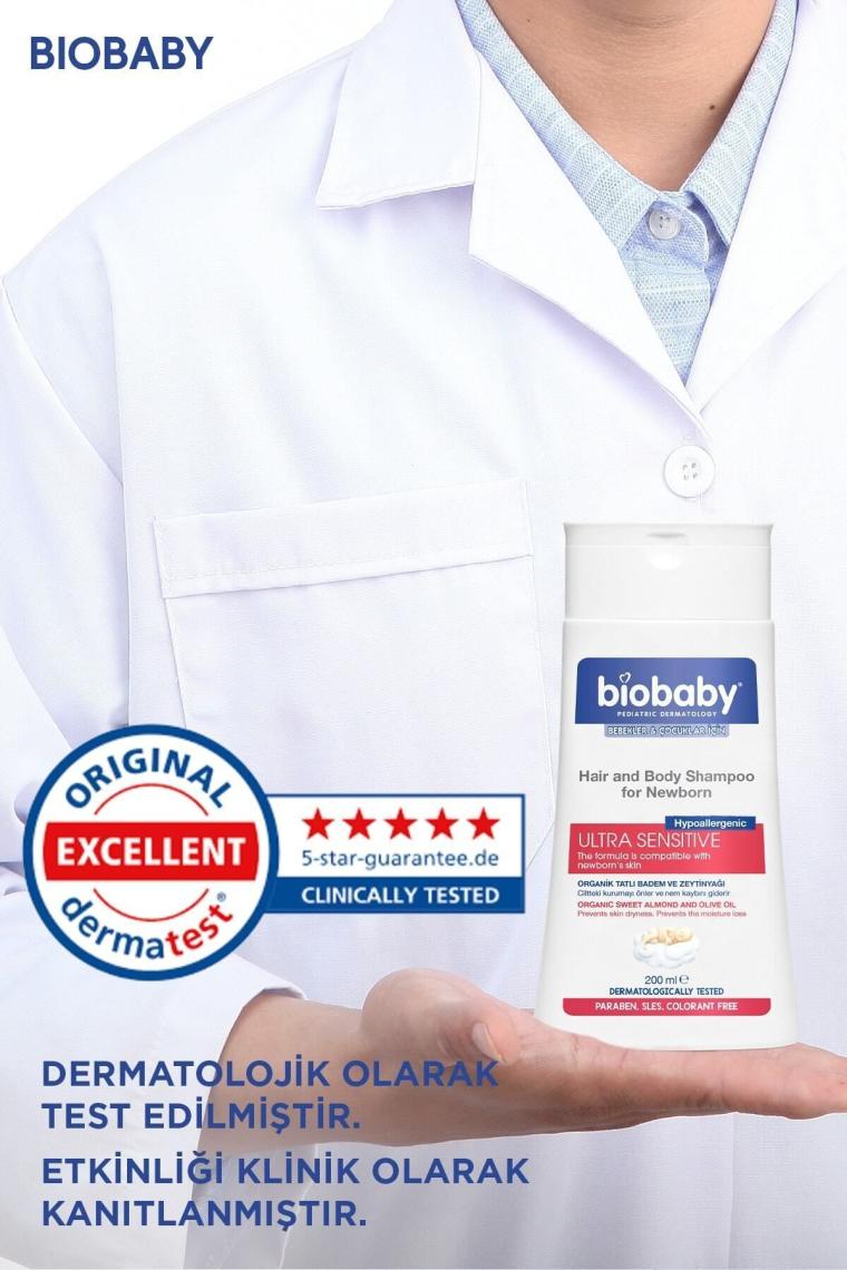 BioBaby Yenidoğanlar için 200 ml Saç ve Vücut Şampuanı - Alman Papatyası, Zeytinyağı ve Tatlı Badem Yağı ile Nemlendirici ve Koruyucu