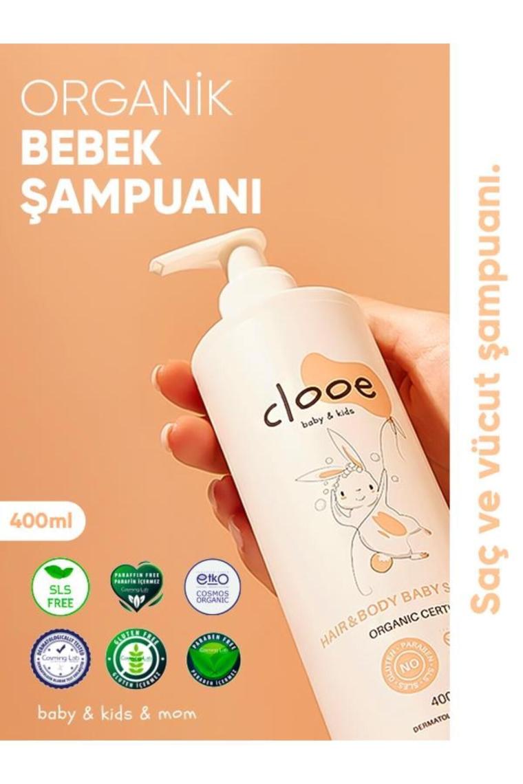 Clooe Organik Bebek & Çocuk Saç, Vücut Şampuanı (400ml) - pH Dengeli, Konak Önleyici