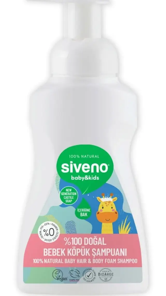 Siveno %100 Doğal Bebek Köpük Şampuanı Yenidoğan Saç ve Vücut İçin Nemlendirici Bitkisel Vegan 250 ml