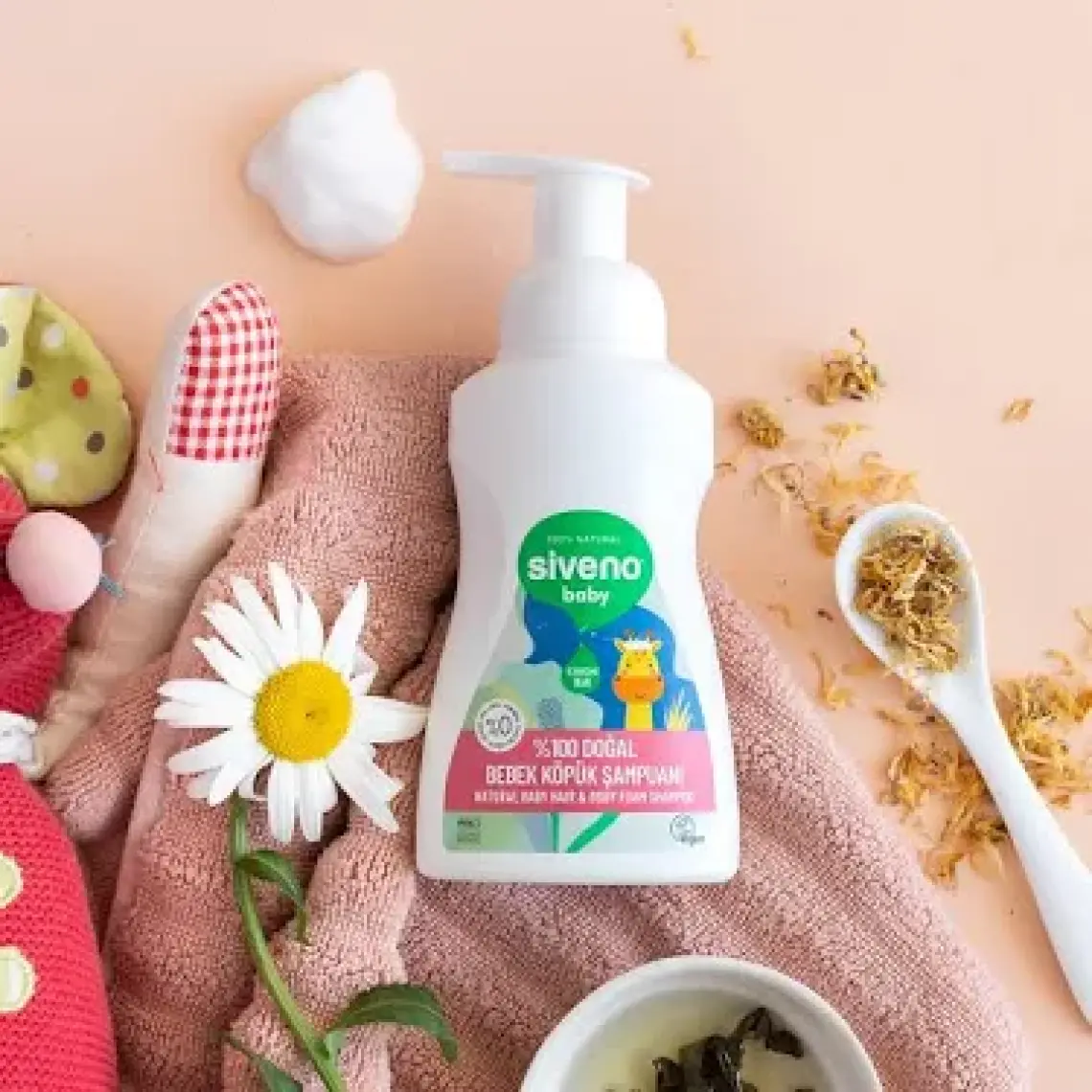 Siveno %100 Doğal Bebek Köpük Şampuanı Yenidoğan Saç ve Vücut İçin Nemlendirici Bitkisel Vegan 250 ml