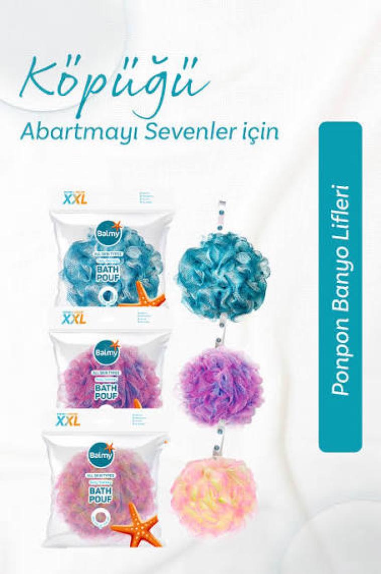 Balmy Yumuşak Pon Pon Banyo Lifi Seti - Cilde Zararlı Olmayan 3'lü XXL Mavi