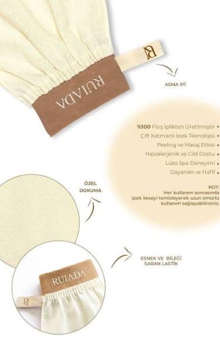 Ruiada +80 Factor Ekru Banyo Duş Kesesi Peeling Eldiveni %100 Floş İpek Premium Kadın Ve Erkekler İçin