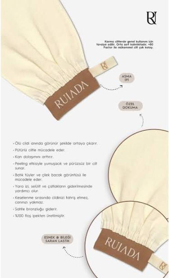 Ruiada +80 Factor Ekru Banyo Duş Kesesi Peeling Eldiveni %100 Floş İpek Premium Kadın Ve Erkekler İçin