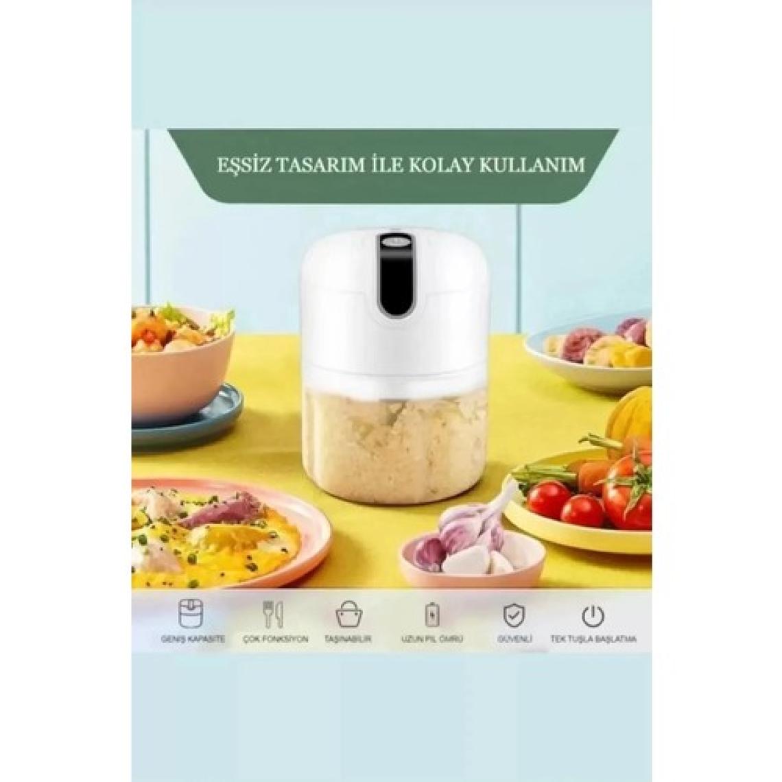 Pratik Mini El Rondosu Şarjlı Çelik 3 Bıçaklı 250 ml Mutfak Robotu Hazneli Rondo Sebze Et Doğrayıcı Rende