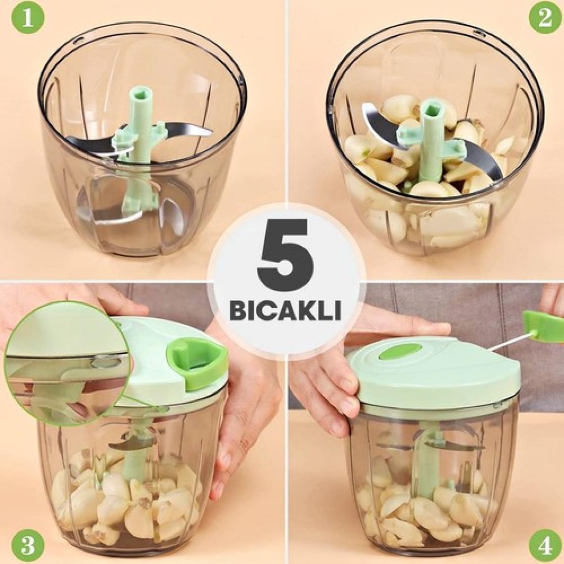 Tilbe Home Pratik Ipli El Rondosu 5 Çelik Bıçaklı Büyük Boy Sebze Meyve Et Soğan Doğrayıcı Blender Rende Mavi