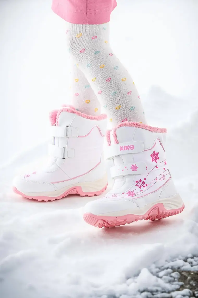Kiko Kids Kartanesi Cırtlı Kız Çocuk Kar Bot Soğuk Suya Dayanıklı Beyaz - Pembe
