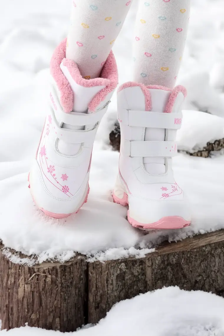 Kiko Kids Kartanesi Cırtlı Kız Çocuk Kar Bot Soğuk Suya Dayanıklı Beyaz - Pembe