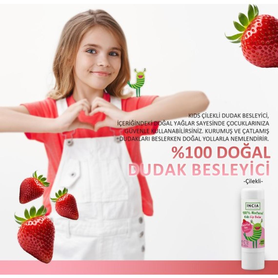 INCIA %100 Doğal Kids Dudak Besleyici Çilek Bitkisel Nemlendirici Dudak Bakım Kremi 6 G