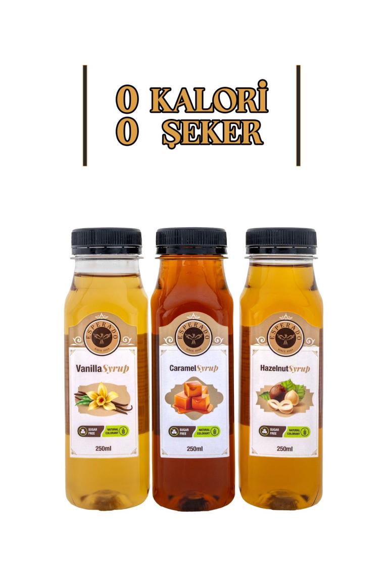 Vanilya * Fındık * Karamel Aromalı Kahve Şurubu 3 Lü Set Şekersiz 3 X 250 ml
