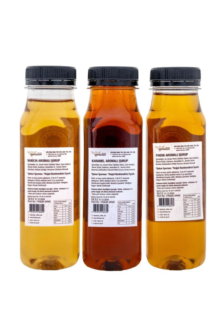 Vanilya * Fındık * Karamel Aromalı Kahve Şurubu 3 Lü Set Şekersiz 3 X 250 ml