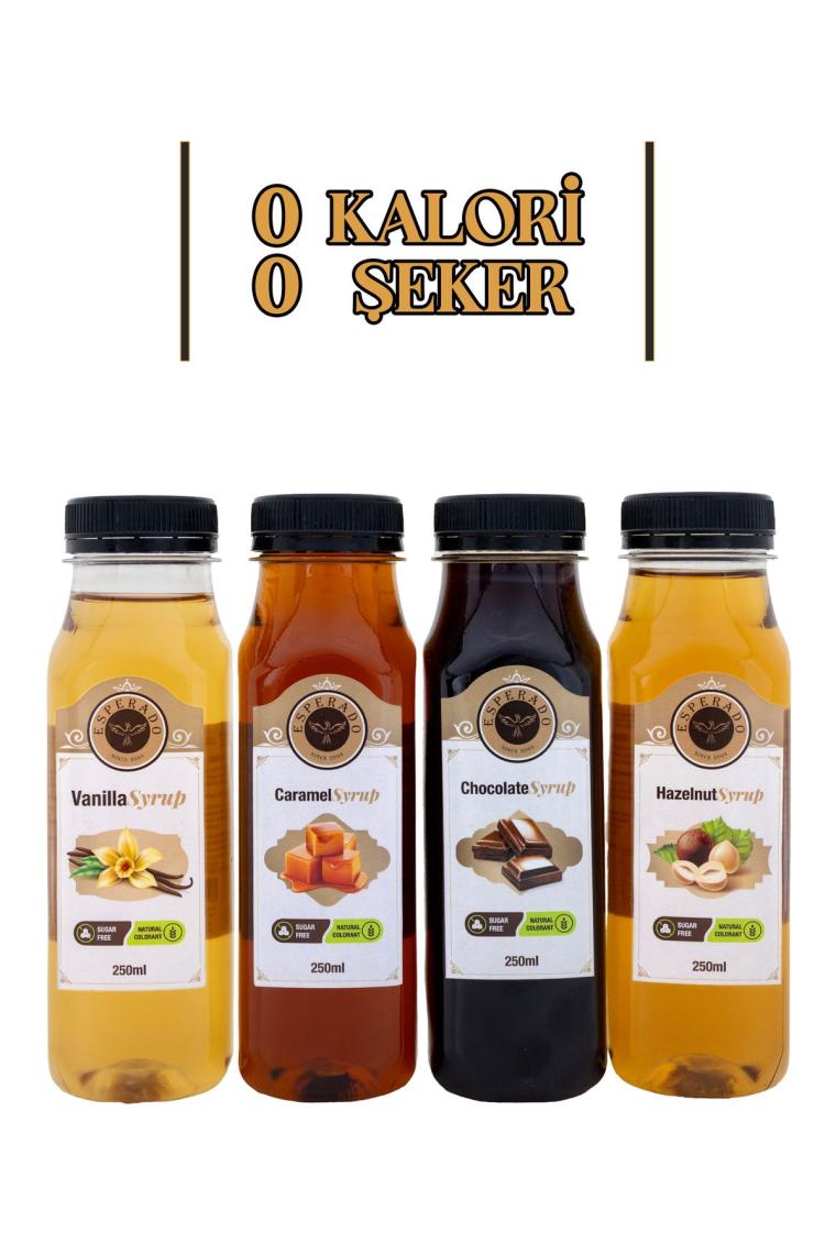 Vanilya * Fındık * Karamel * Çikolata Aromalı Kahve Şurubu 4 Lü Set Şekersiz 4 Ad. X 250 ml