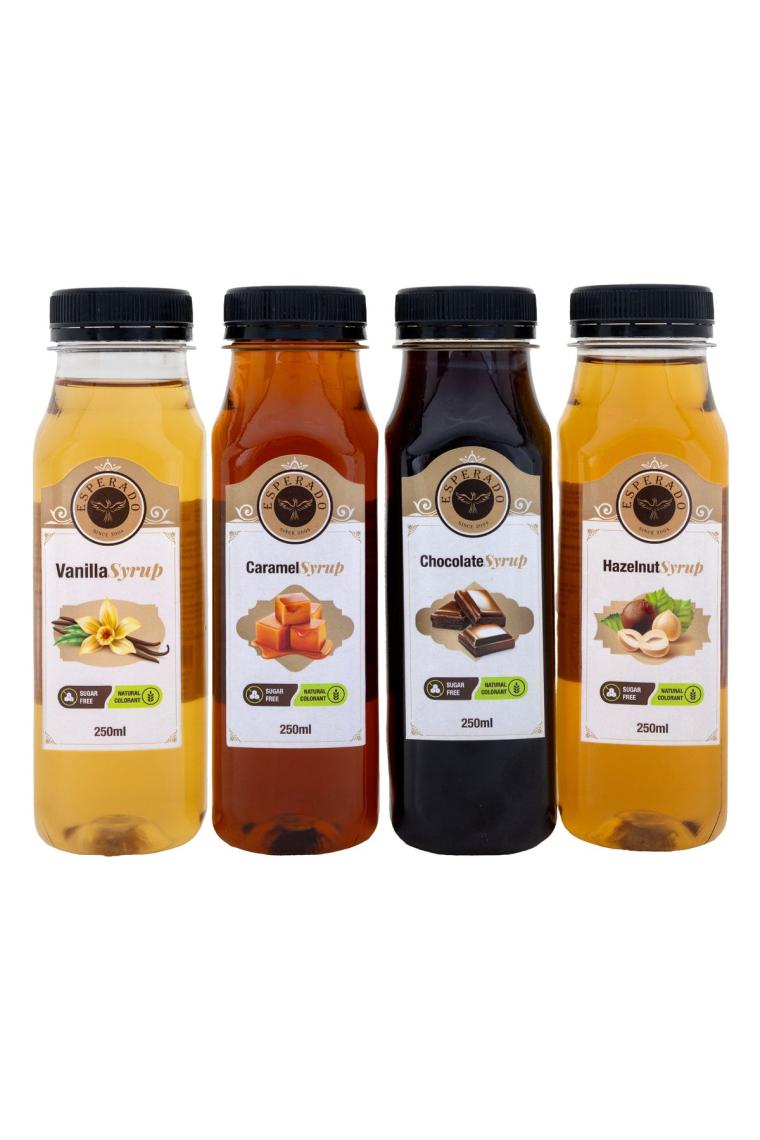 Vanilya * Fındık * Karamel * Çikolata Aromalı Kahve Şurubu 4 Lü Set Şekersiz 4 Ad. X 250 ml