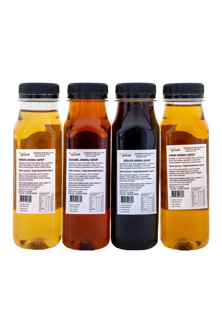 Vanilya * Fındık * Karamel * Çikolata Aromalı Kahve Şurubu 4 Lü Set Şekersiz 4 Ad. X 250 ml