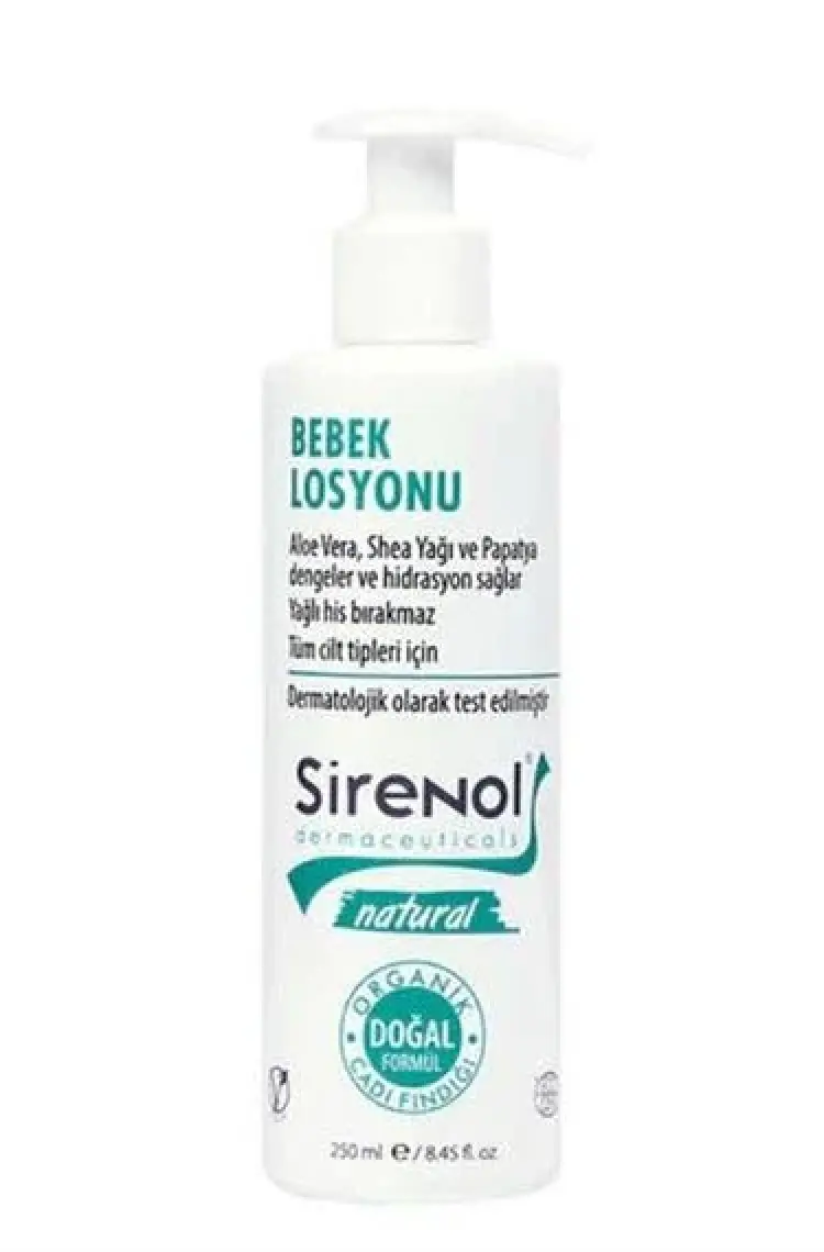 Sirenol Natural Cadı Fındığı Bebek Losyonu - Paraben ve Parfüm İçermeyen, Aloe Vera, Shea Yağı ve Papatya Özlü, 250 ml, Hassas Ciltler için Doğal İçerik