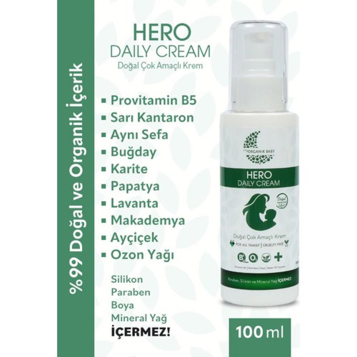Organik Baby Çok Amaçlı Hero Daily Cream (Krem)- %99 Doğal İçerik Provitamin B5 İçeriği Anlık Yatıştırıcı 100 ml