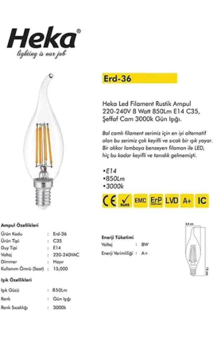 Heka 10'lu Rustik LED Ampul 8W 3000K E14 (Gün Işığı)