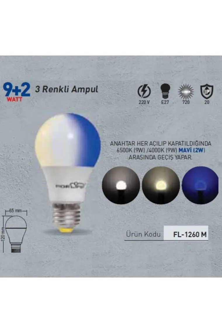 Forlife Renkli LED Ampül 3 Renk Beyaz-Mavi 9+2 Watt FL-1260-BM