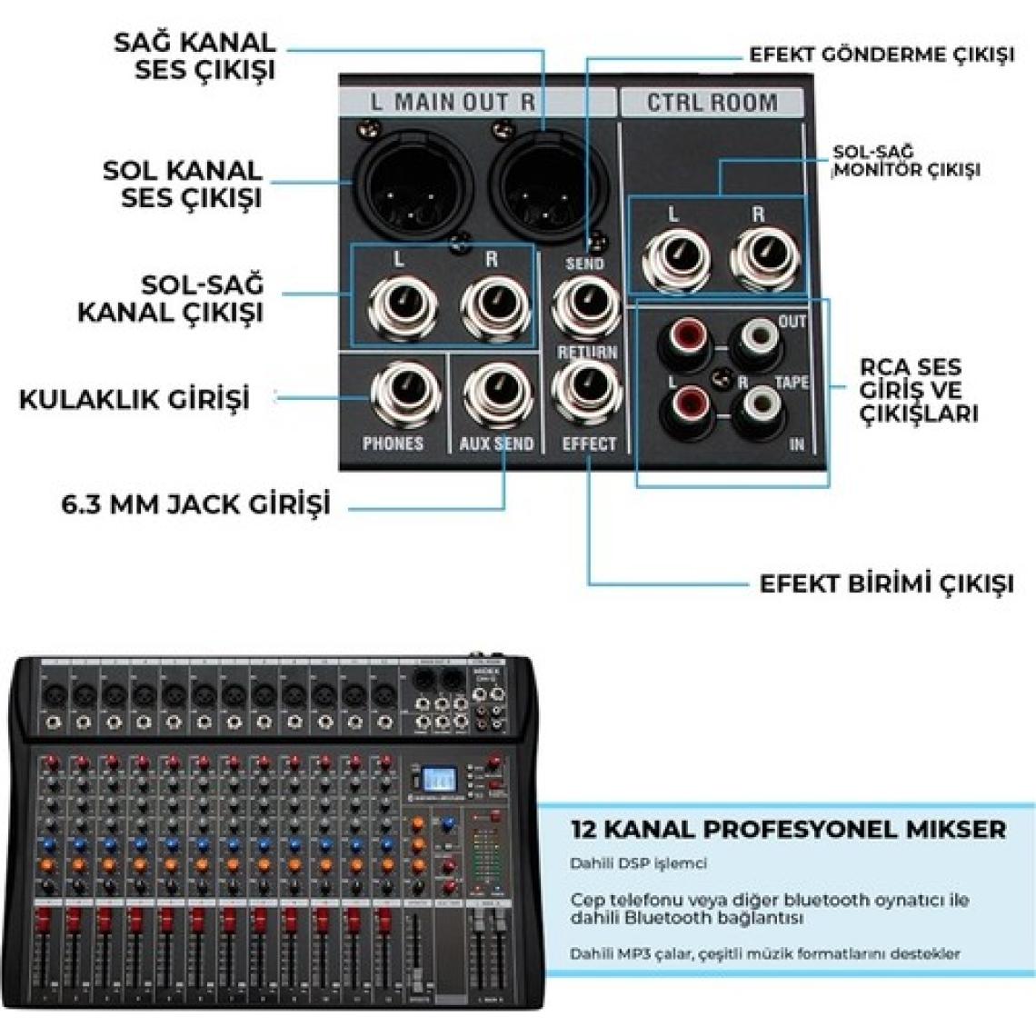 Midex Mix DM-12 Deck Mikser 12 Kanal Ses Mikseri (Bluetooth USB Efekt)