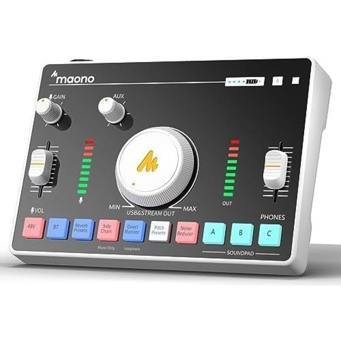 MAONO MaonoCaster AMC2 Profesyonel Ses Mikseri, Bluetooth, 48V Fantom Besleme, Podcast ve Canlı Yayın İçin Beyaz