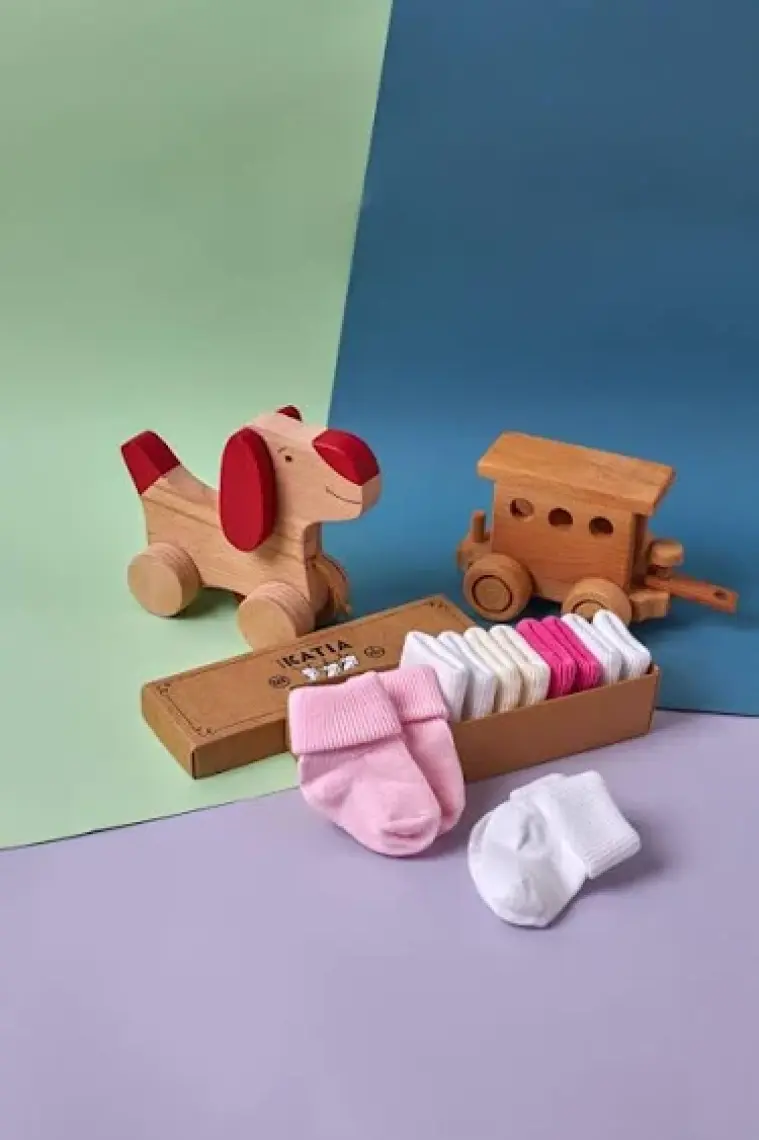 Katia & Bony  Renkli Yenidoğan Organik 5 Li Bebek Çorap Pembe/beyaz