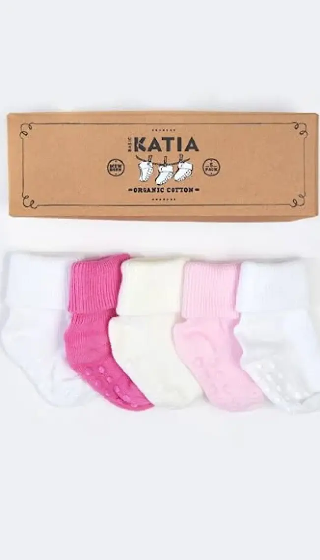 Katia & Bony  Renkli Yenidoğan Organik 5 Li Bebek Çorap Pembe/beyaz