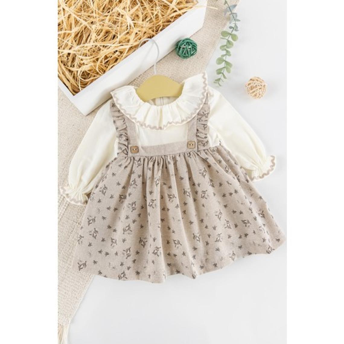 Babymod Çiçek Desenli Fırfırlı Keten Kız Bebek Elbise
