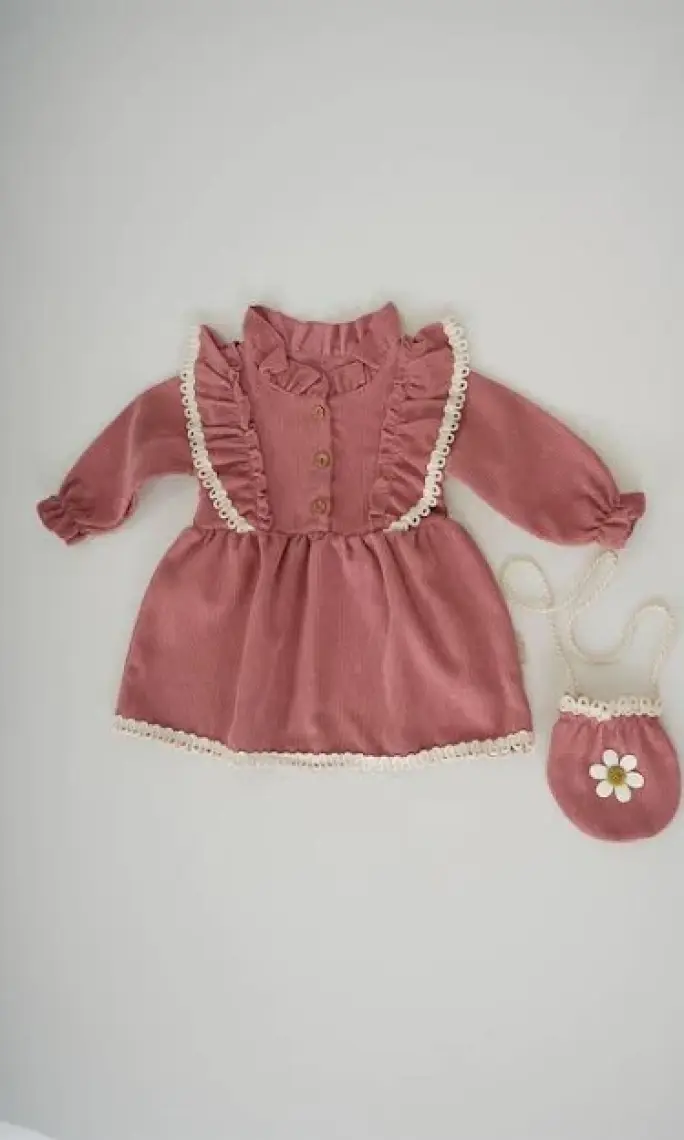 Miniko Kids Kız Bebek Uzun Kol Papatya Desenli Çantalı Elbise
