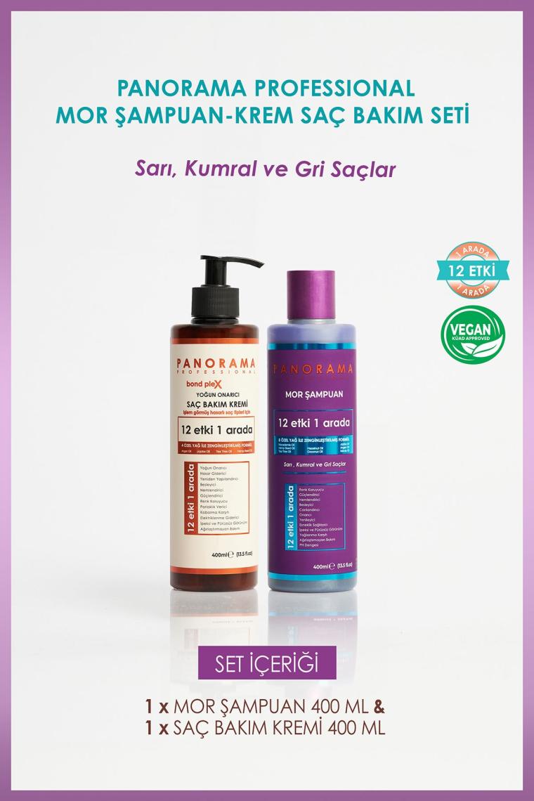 Panorama Professional Professional Mor Şampuan Ve Saç Bakım Seti 8 Özel Yağ /Zengin Menekşe Pigmentleri 12 Etki 1 Arada/400 ml Şampuan + 400 ml Saç Bakım Kremi 2'Li Set Turunculaşma Karşıtı