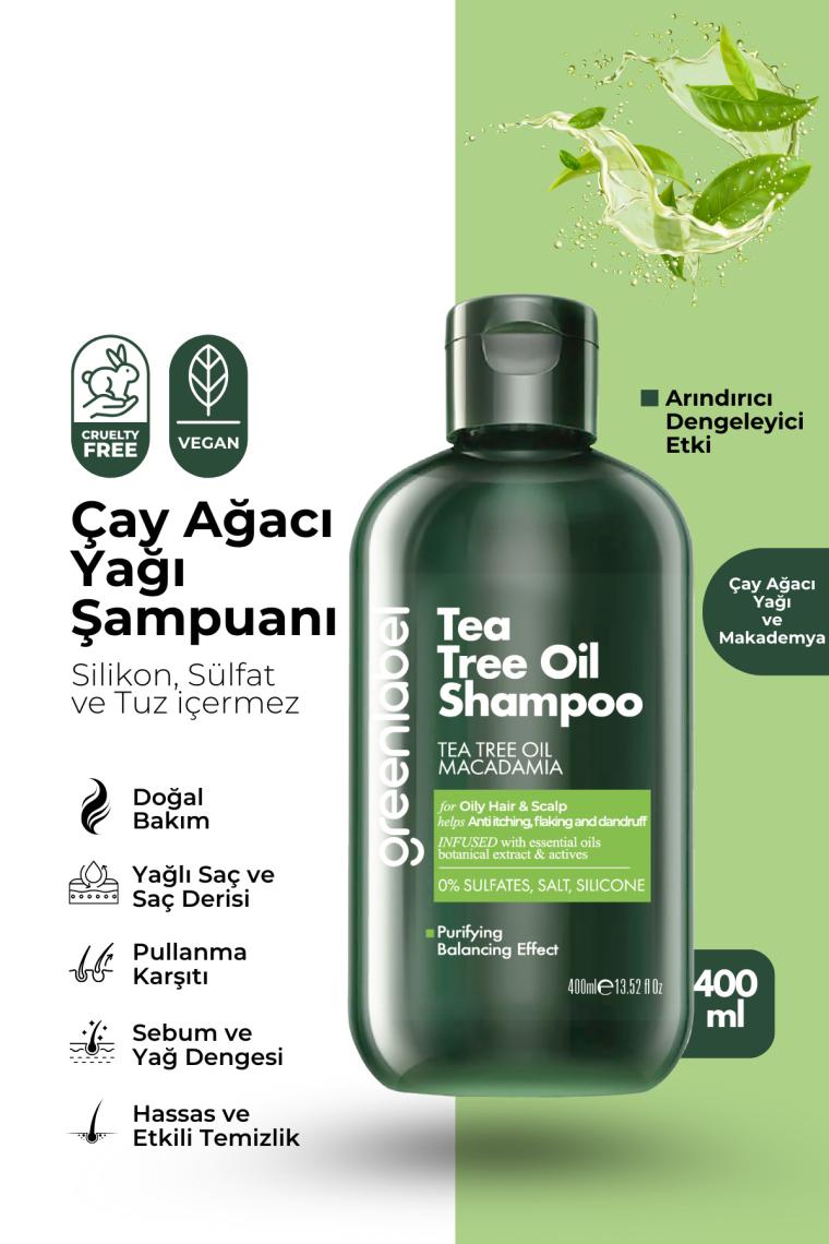 Green Label Çay Ağacı ve Makademya Özlü Tuzsuz Parabensiz Sülfatsız ve Silikonsuz DökülmeKarşıtı Şampuan 400 ML
